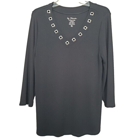 Chico's Black Ponte Knit V-Neck Grommet Detail 3/4 Sleeve Top Size 2 Large - Picture 1 of 8